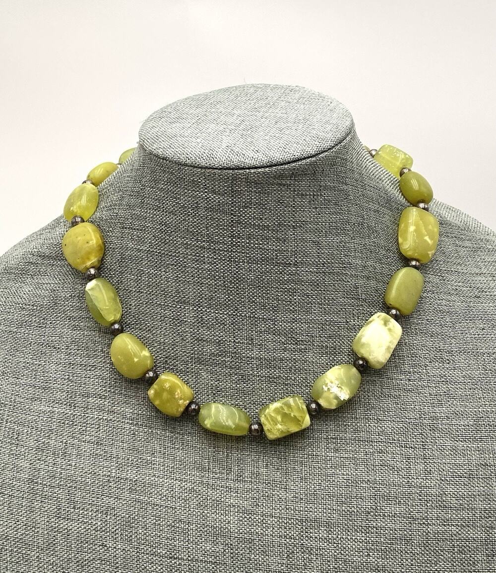 Vintage Natural Green Serpentine Necklace Chunky Beads 925 Clasp Artisan 18”